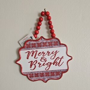 Tin Embossed Red and White 'Merry & Bright' Sign With Beaded Hanger